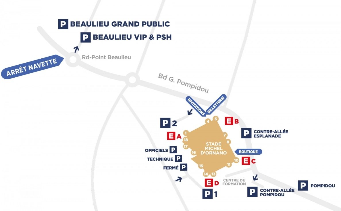 Stade Michel d'Ornano Parking Map along with all access