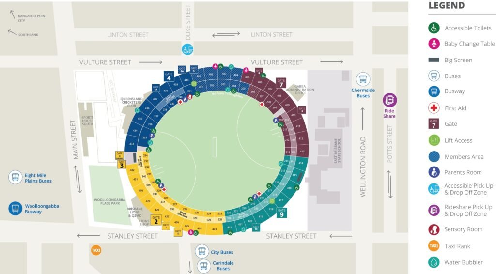 The Gabba Brisbane Cricket Ground Seating Map 2023 with Rows, Parking ...