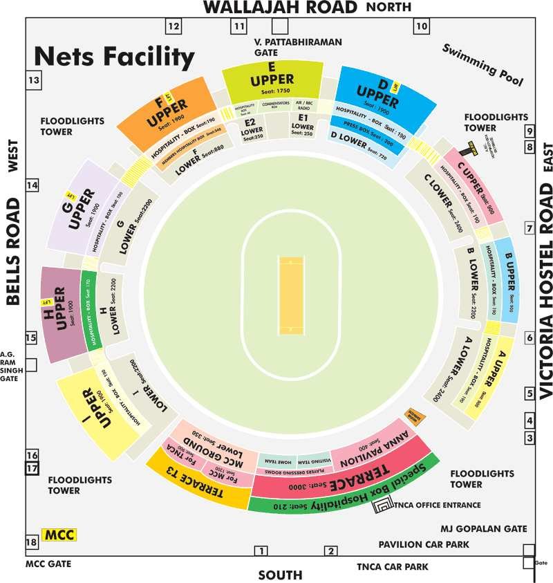 Chennai M A Chidambaram Stadium Seating Plan with Rows and Stands