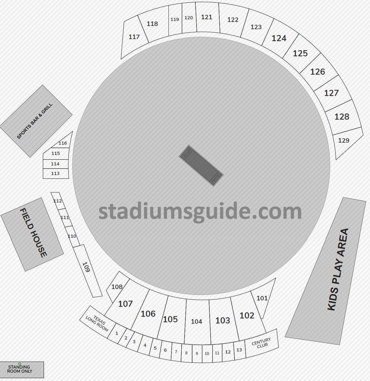 Texas Grand Prairie Stadium Seating Chart with Seat Rows and Seat Numbers