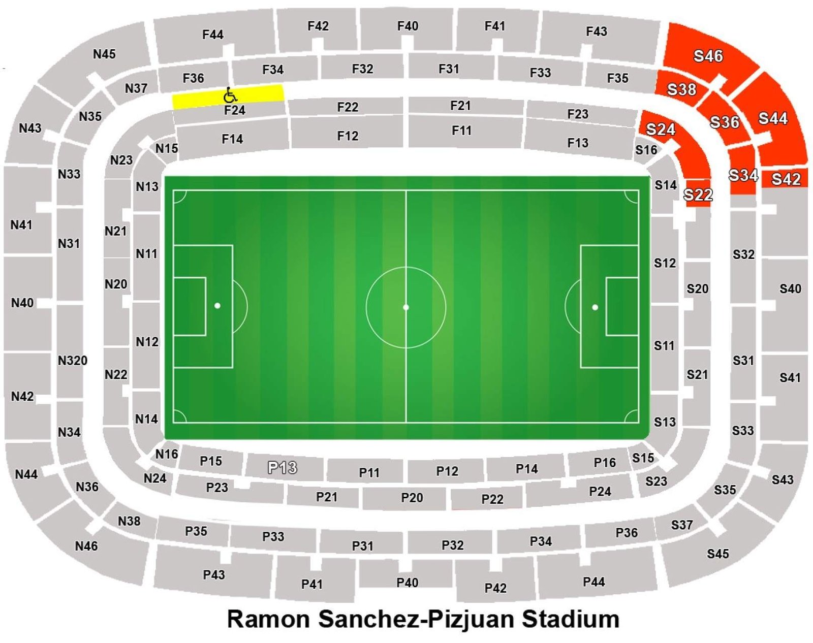 Ramon Sanchez Pizjuan Seating Plan with Rows and Seat Numbers