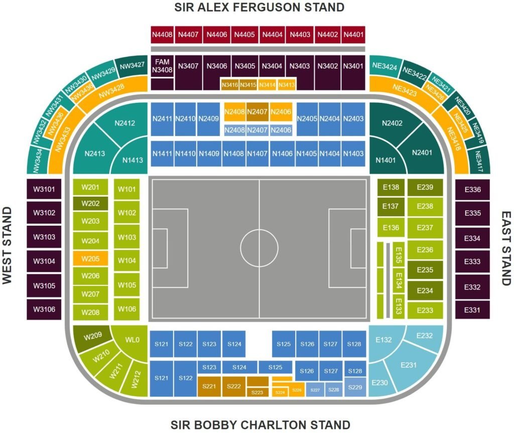 Old Trafford Seating Plan with Seat Numbers and Rows, Parking Map